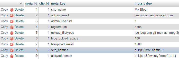 The "site_meta" row is highlighted under the "meta_key" column.