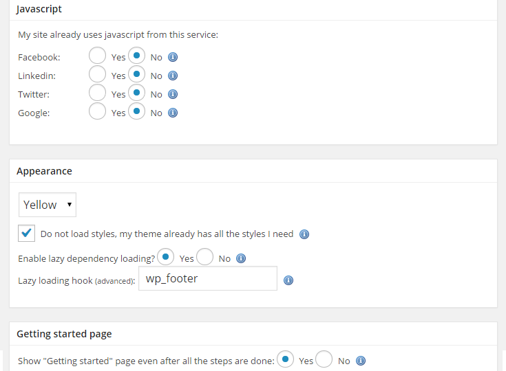 The settings configuration page for the Social Marketing plugin.
