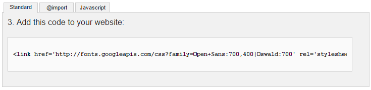 An HTML code is shown within a large text field which includes the links to the font weights you selected.
