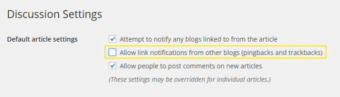 The Settings > Discussion page. The "Allow link notifications from other blogs (pingbacks and trackbacks)" under the heading "Default article settings" is highlighted.