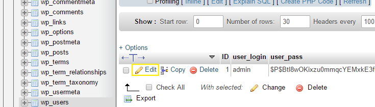 The "Edit" button is highlighted on the line which displays the admin username option in the "wp_users" table.