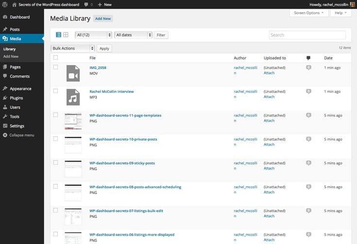 WordPress admin displaying media types