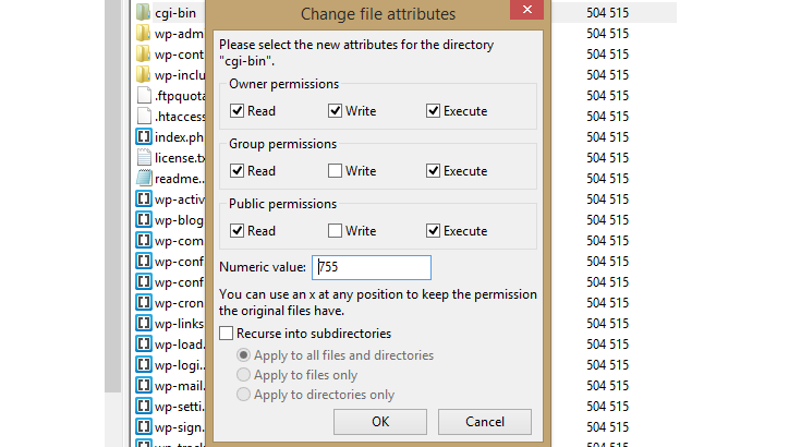 The "Change file attributes" pop-up window in FileZilla.