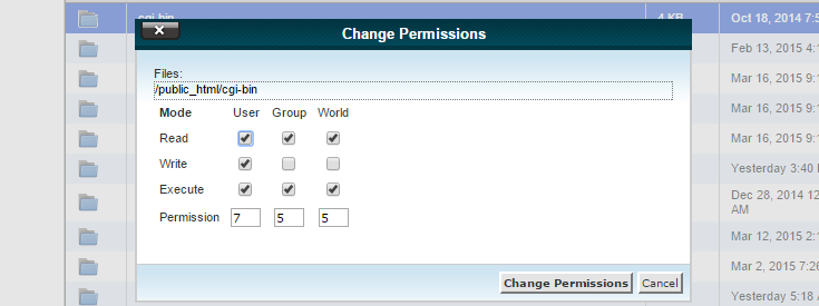 The "Change Permissions" pop-up shows a folder permission of 755 with the option to change it.