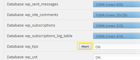 A backup is in progress and the database tables are listed, each with their own progress bar. The current table being backed up has an "Abort" button to the left of its progress bar. The button is highlighted.