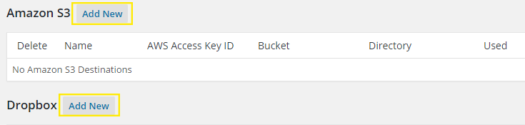 The "Add New" buttons beside the destinations Amazon S3 and Dropbox are highlighted. The destinations have not yet been created.