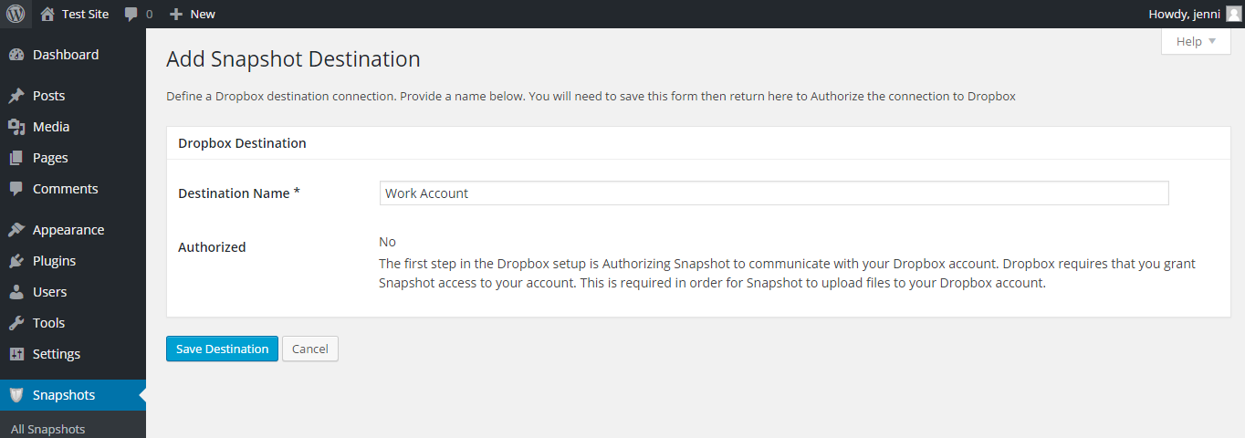 The "add Snapshot Destination" setup page for Dropbox. The "Destination Name" has been set to "Work Account."