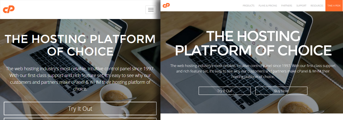 A comparison of cPanel's desktop and mobile site. They are practically the same.