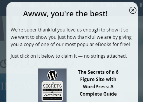 A lightbox with a short, fun thank you message and free eBook for a completed social action.