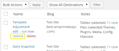 Hovering over the title of a completed snapshot reveals other options including edit, run now, restore and delete. The "restore" link is highlighted.