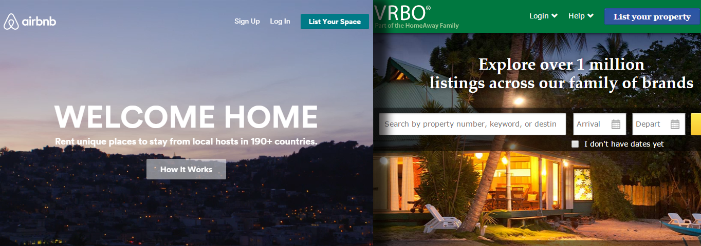 A side-by-side comparison of the sites for airbnb.com and vrbo.com.