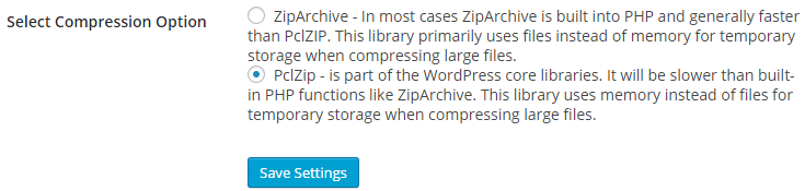 The PclZip compression option is selected by default in the Snapshot Pro global settings page.