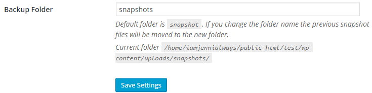 The Folder Location > Backup Folder section of the Snapshot settings page. The Default folder name "snapshots" is displayed.