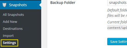 The "Settings" page under the "Snapshots" tab is highlighted in the admin dashboard.