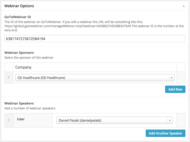 Some webinar options created with ACF