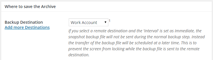 A previously created Dropbox destination called "Work Account" has been selected from the drop down box labeled "Work Account."