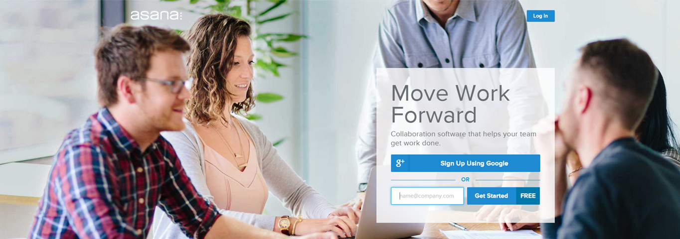 Featured image on Asana.com with a call to action and log in box.