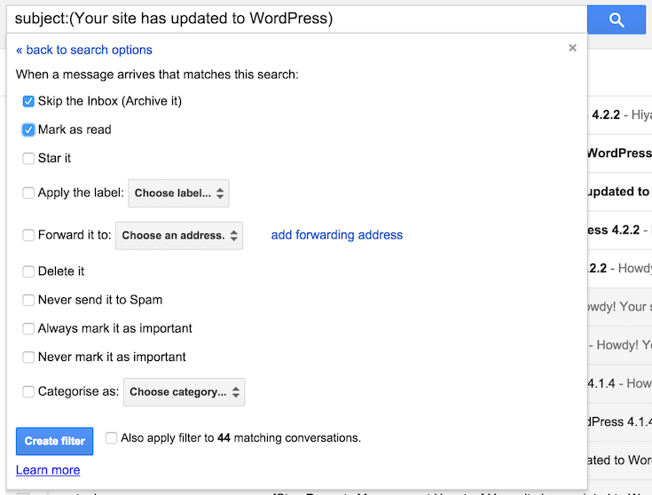 Gmail filtering options