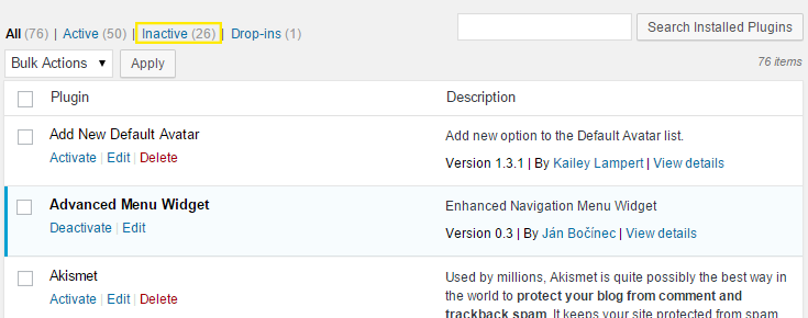The inactive plugins link is highlighted in the admin dashboard > Plugins > Installed Plugins page.