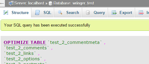 The success message of the optimize tables query.