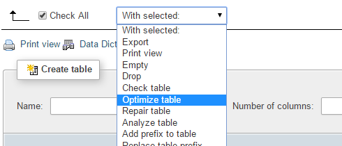 The optimize table query from the select box in phpMyAdmin.