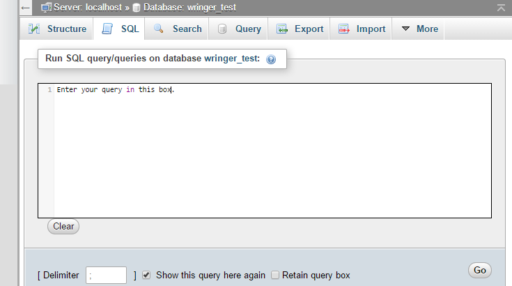 The SQL tab has been clicked in phpMyAdmin.