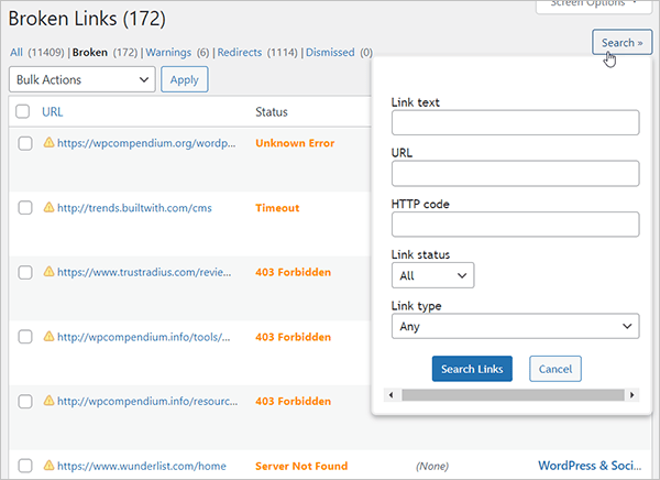 Broken Link Checker - Search