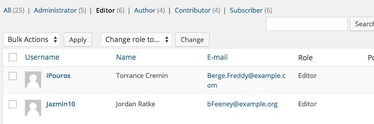 The WordPress user management interface