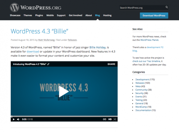 WordPress 4.3 Billie - blog post on WordPress.org