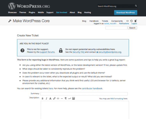 Make WordPress Core page - tickets