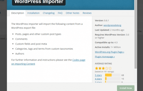 Importer Install screen