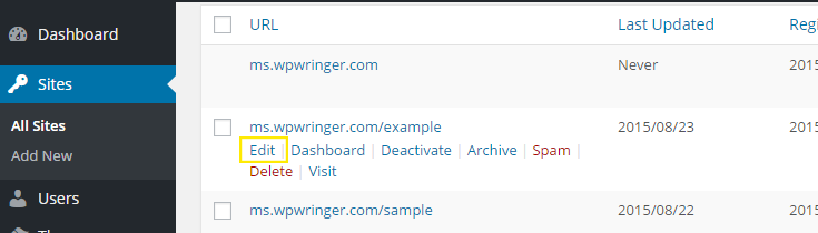 Site list with the mouse hovered over one of the listed sites