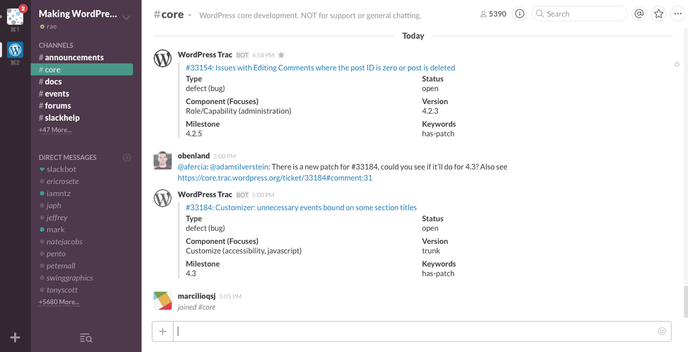 Here's what the WordPress Slack account looks like.