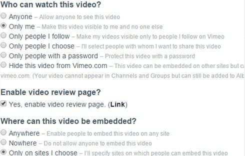 Some of the Vimeo settings