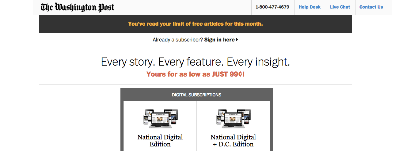 The Washington Post uses a metered paywall to encourage readers to subscribe for more access to content.