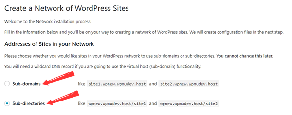WordPress Multisite network setup screen with choice to select sub-domains or sub-directory