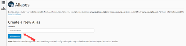 Screen for Creating a new Alias or Parked Domain in cPanel Dashboard