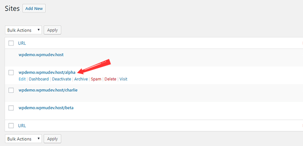 The Sites panel in a WordPress Multisite Dashboard