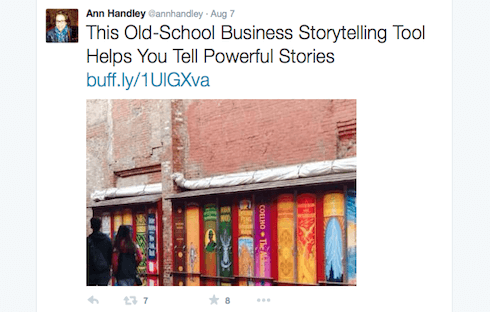 When sharing posts on Twitter, Handley includes images to make them stand out.