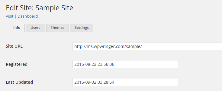 The "Info Tab" of the "Edit Site" page.