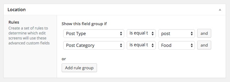 ACF field group location settings