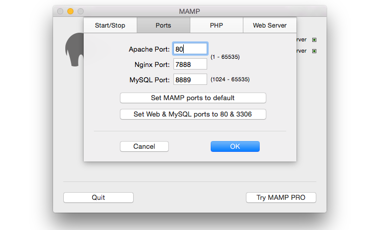 MAMP ports preferences tab