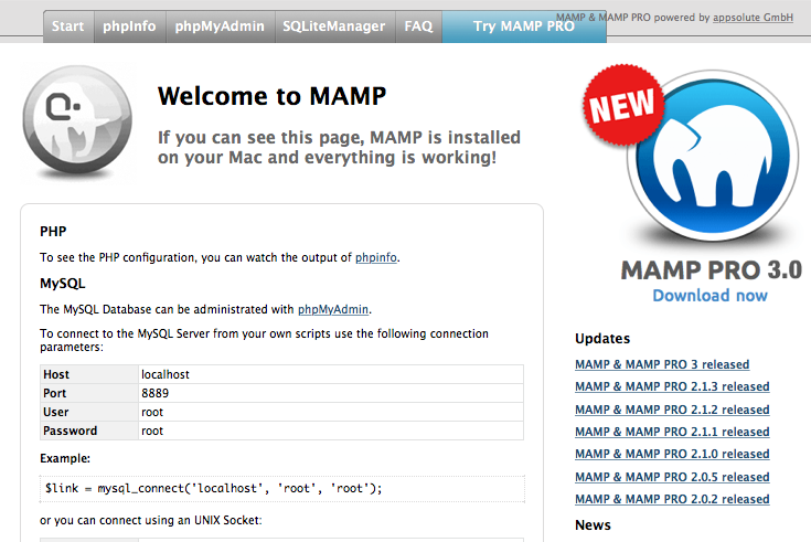 The MAMP local start page