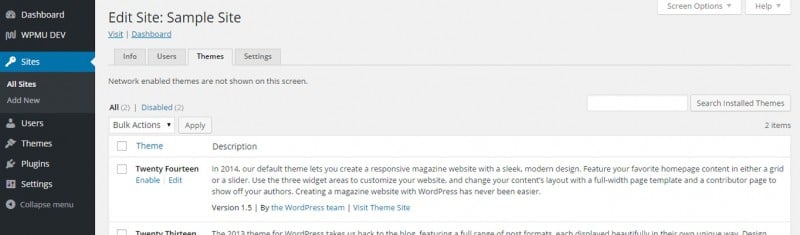 The themes tab on the "Edit Site" page.