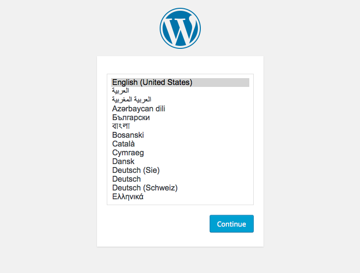 WordPress setup screens: 1 - language