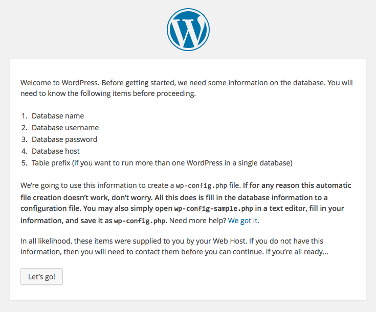 WordPress setup screens: 2 - information