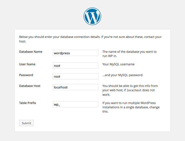 WordPress setup screens: 3 - database details