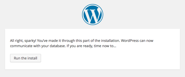 WordPress setup screens: 4 - database working