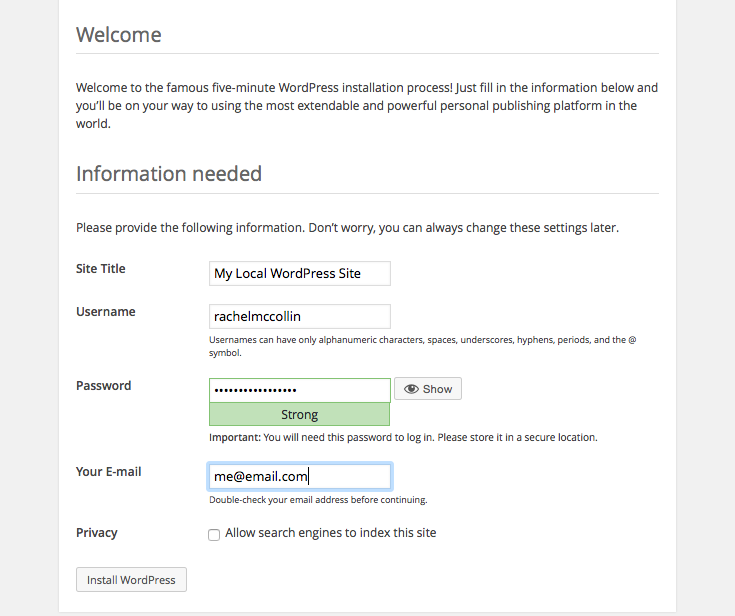 WordPress setup screens: 5 - site details