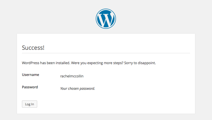 WordPress setup screens: 6 - success
